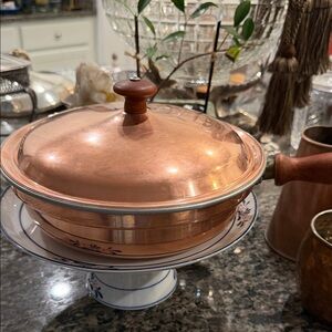 Copper Lidded Saute Pan. Wooden handle and knob. Tin lined